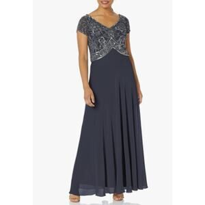 JKara Women's 8 Cap Sleeve Gray Blue V-Neck Beaded Maxi Dress M22-32